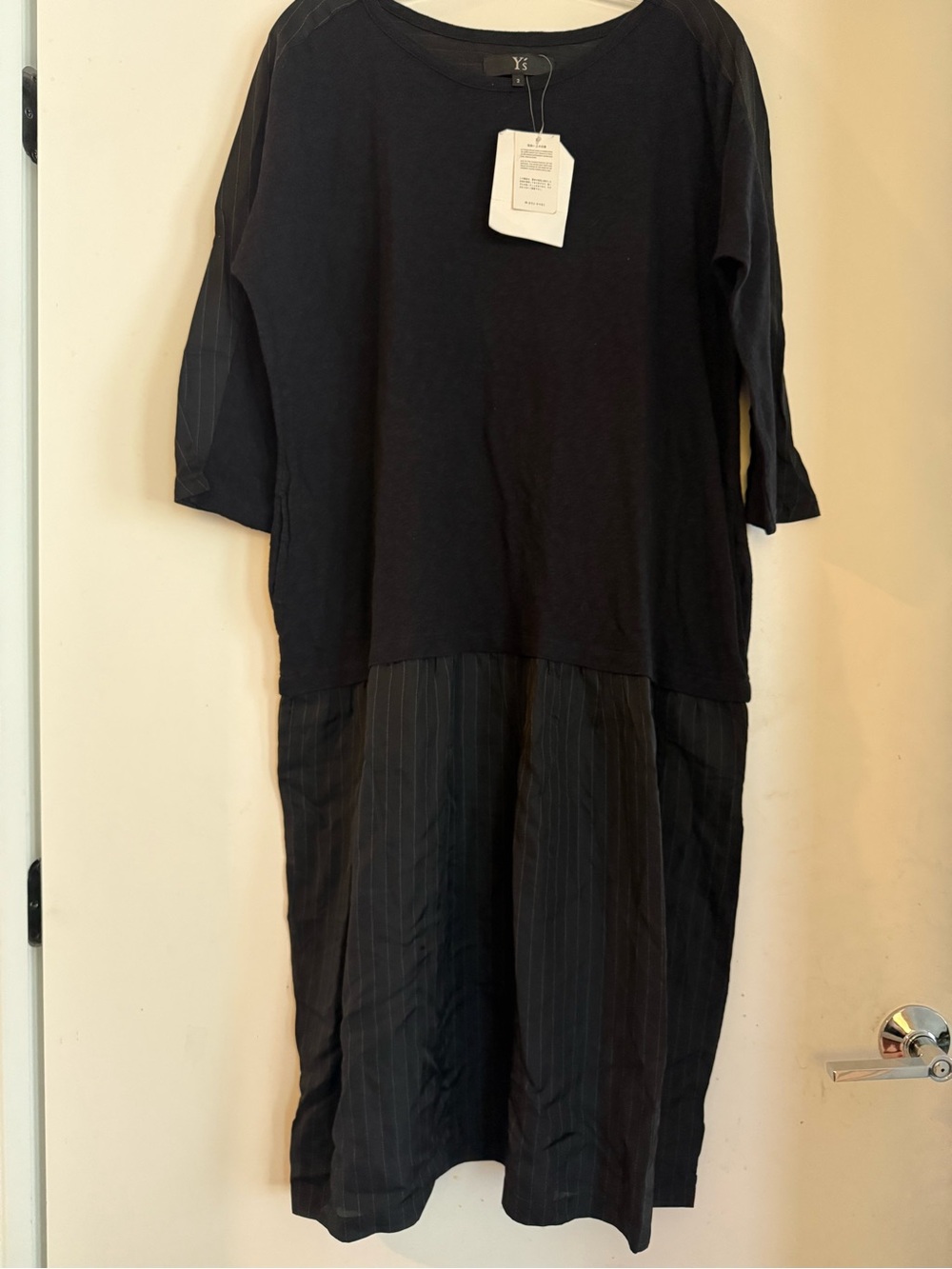 Y's Yohji Yamamoto Pinstripe Mixed Media Midi Dress Cotton Cupro Black Sz S/M - Picture 2 of 6